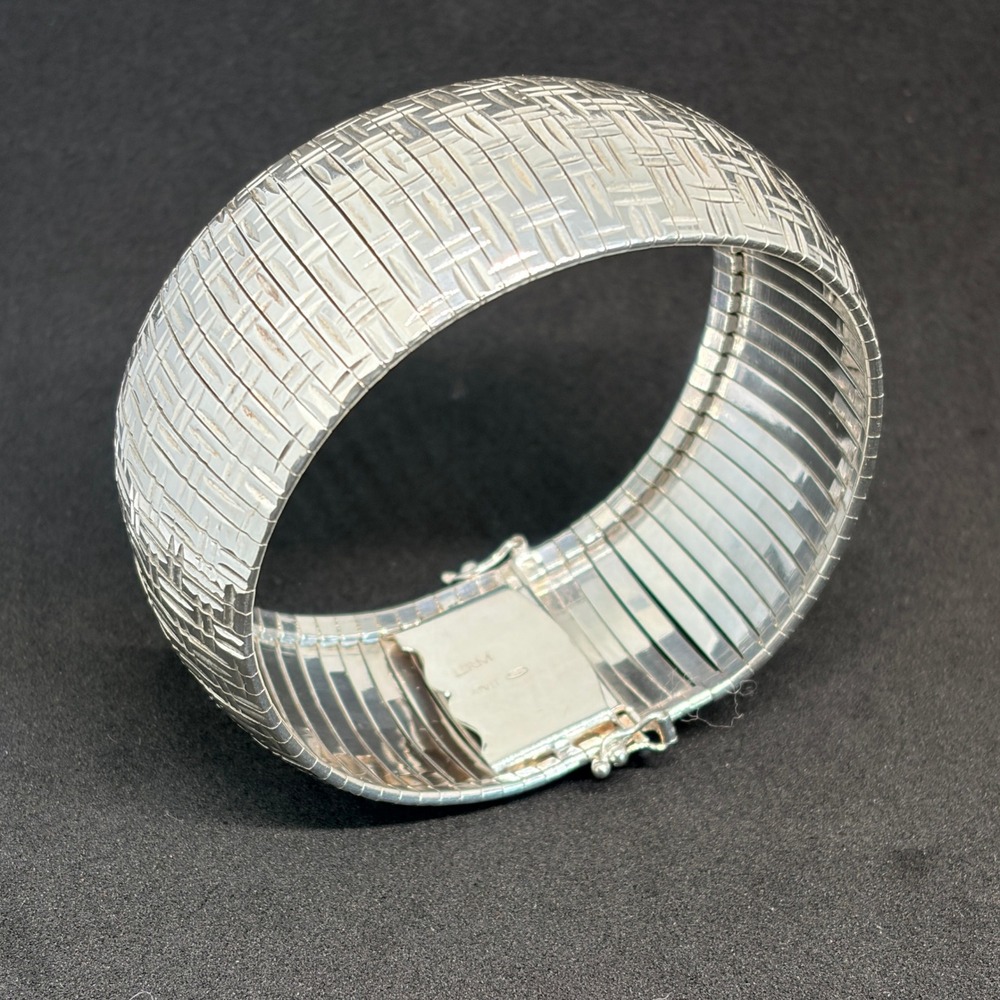 Vintage Italian Cuff Bangle Bracelet 925 Sterling Silver Basketweave Luxe 8" - Picture 5 of 6
